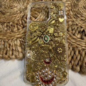 Handcrafted Gold Boho Charm Phone Case | Luxury Resin Back Cover with Kundan & Metal Embellishments | Designer Ethnic Mobile Case