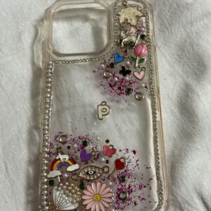 Handmade Cute Aesthetic Charm Phone Case | Pastel Resin Back Cover with Pearls, Hearts & Butterflies | Personalized Initial ‘P’ Mobile Case